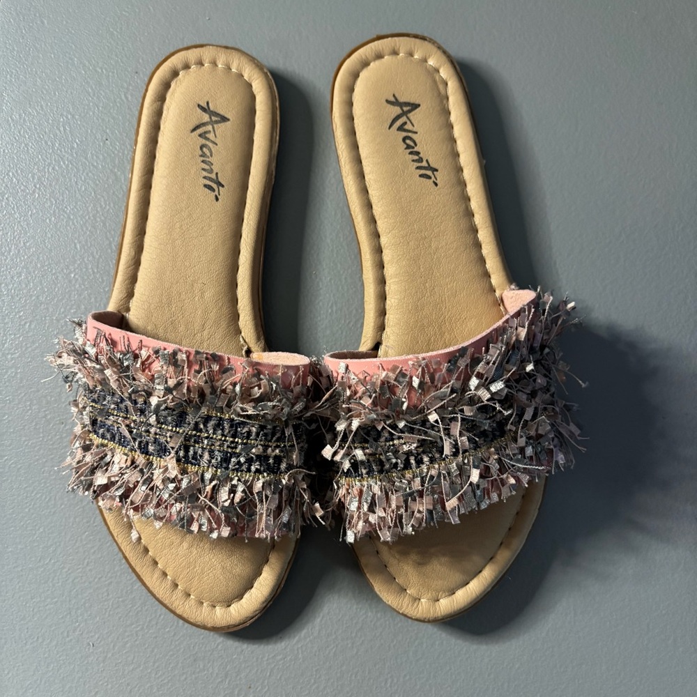 Avanti Size 6 Pink and Tan Colorful Fringe Slide Slip On Boho Sandals